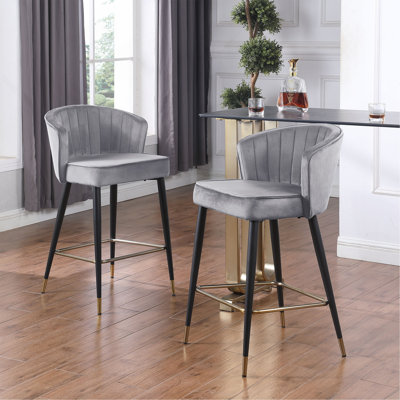 Contemporary Velvet Upholstered Counter Height Stool With D Gold Tipped, Metal Legs