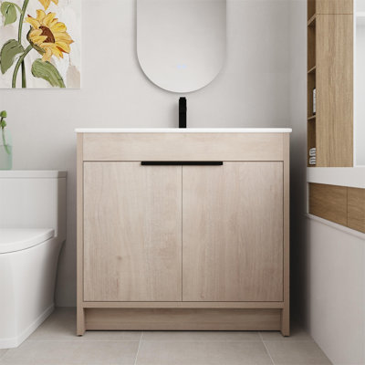 Meuble-lavabo simple avec plateau en céramique Kinslie, 2 portes à fermeture douce et 1 tablette réglable