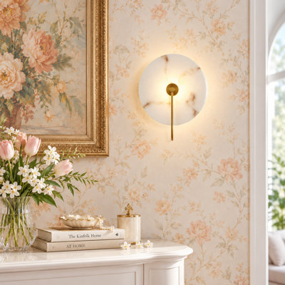 Modern Round Dimmable LED Wall Sconce With Alabaster Shade, Wall Mounted Sconce In Living room, Bedroom, Hallway, Study Decor