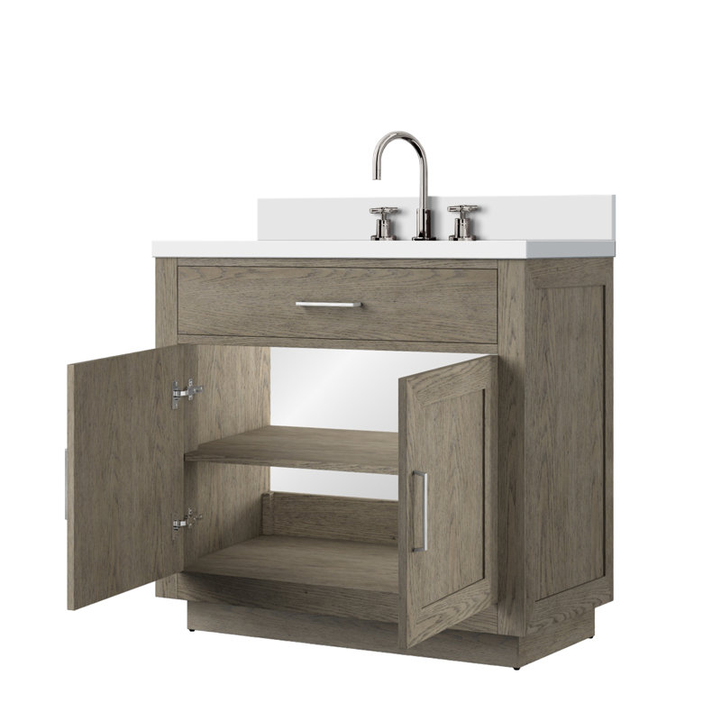 Abbey 36 in W x 22 in D Single Bath Vanity, Cultured Marble Top and Chrome Faucet Set, Gray Oak, White Quartz
