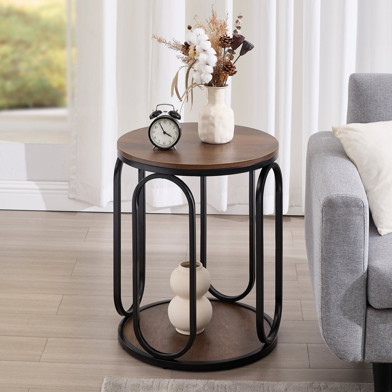 Carnforth 24.4"H Round End Table with Storage, Dark Brown Wood