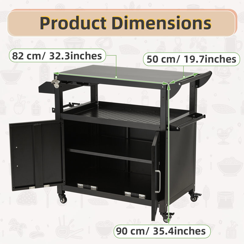 Black Steel Outdoor Grill Cart with Storage Cabinet and Wheels