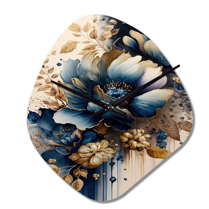 Bleu et or Floral Bunch III - Horloge murale en métal à forme unique, horloge murale asymétrique traditionnelle, Petit