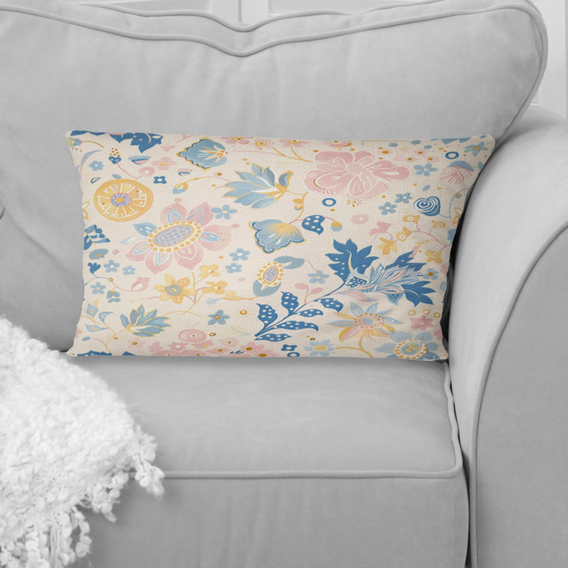 Motif de fleurs de bohème bleu doux et paradisiaques II - coussin bohème, Forme rectangulaire, H 12 po x l 20 po