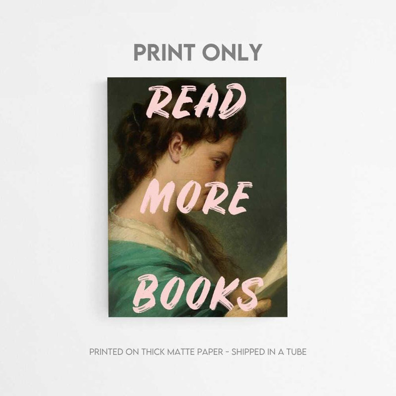 Lire plus de livres, art mural - Portrait rétro avec texte rose ludique, H 48 po x l 36 po, Blanc