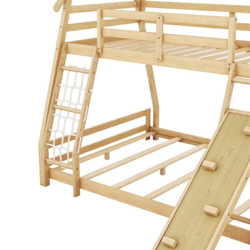 Twin over Queen House Bunk Bed with Climbing Nets and Climbing Ramp, Natural