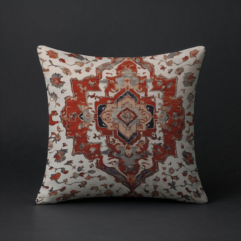 Coussin décoratif intérieur et extérieur Modern, Ivoire / rouille / bleu marine damassé, Carré 20 po