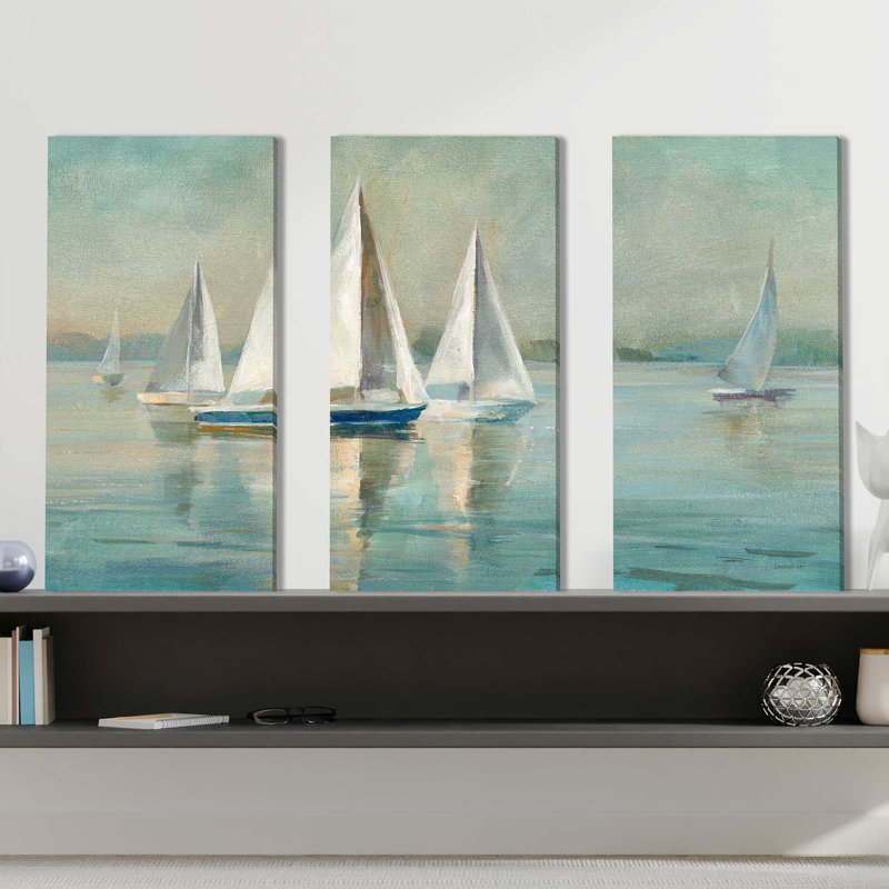 "Voiliers au lever du soleil", reproduction sur toile 3 pièces, H 32 po x l 48 po x P 1 po
