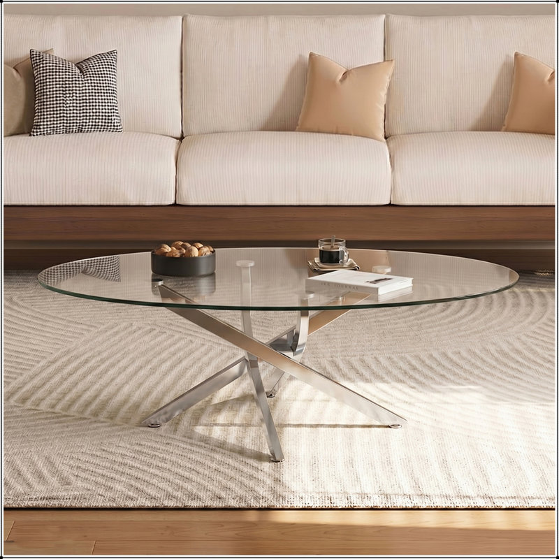 Table basse ovale en verre avec pieds argentés, incassable et durable, pour les salons modernes, Transparent / Antique Silver