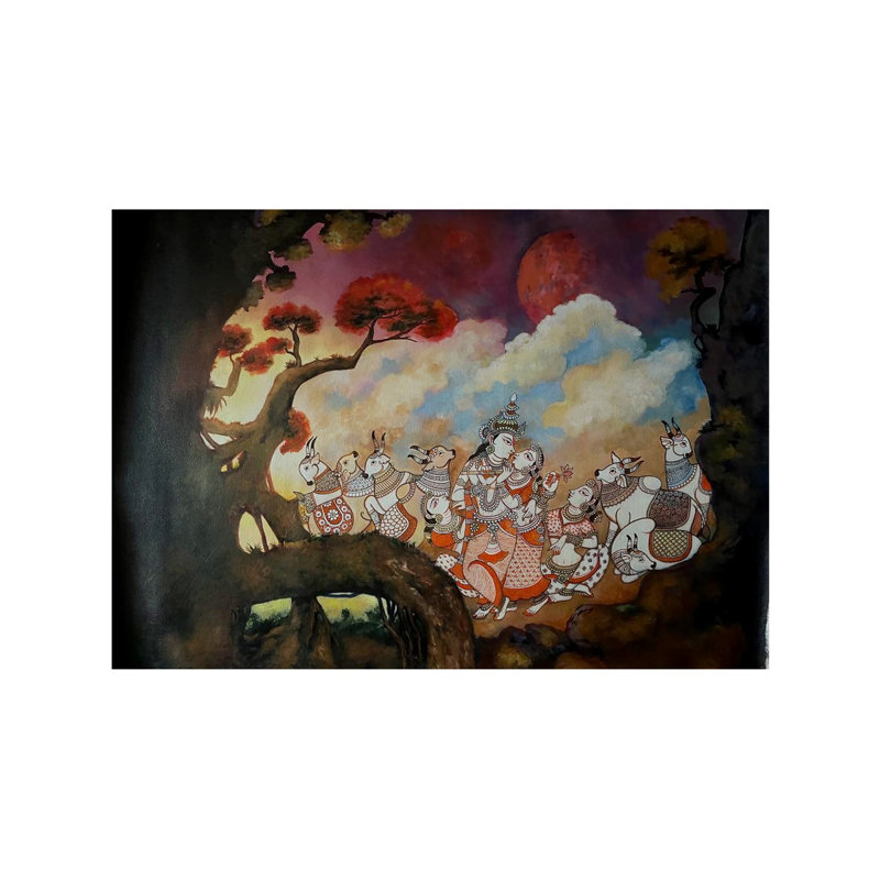 Une Leela de Vrindavan | Acrylique sur toile | Par Nikunja Bihari Das | Avec cadre
