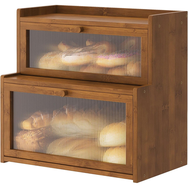 Double Layer Bamboo Bread Box For Kitchen Counter,Bread Holder,Countertop Bread Storage