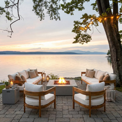 Lorene 8-Seater Modern Minimalist Acacia Wood Outdoor Conversation Set With 50,000 BTU Propane Firepit, Slatted Design And Water-Repellent Cushions