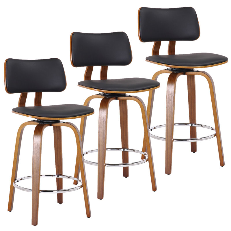 Brinson Mid-Century Faux Leather and Wood 26" Counter Stool with Swivel, Set of 3, Black/Walnut
