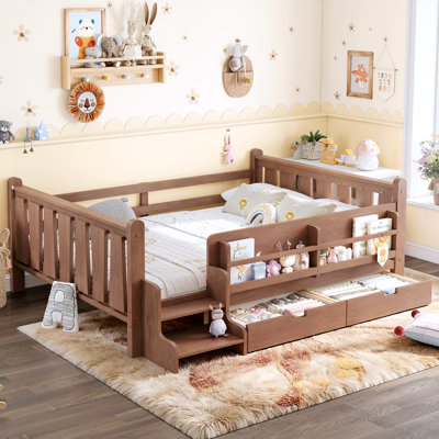 Lit double pleine grandeur avec bibliothèques et tiroirs de rangement, lit en bois massif pour enfants avec de jolis escaliers et garde-corps, aucun sommier nécessaire, naturel