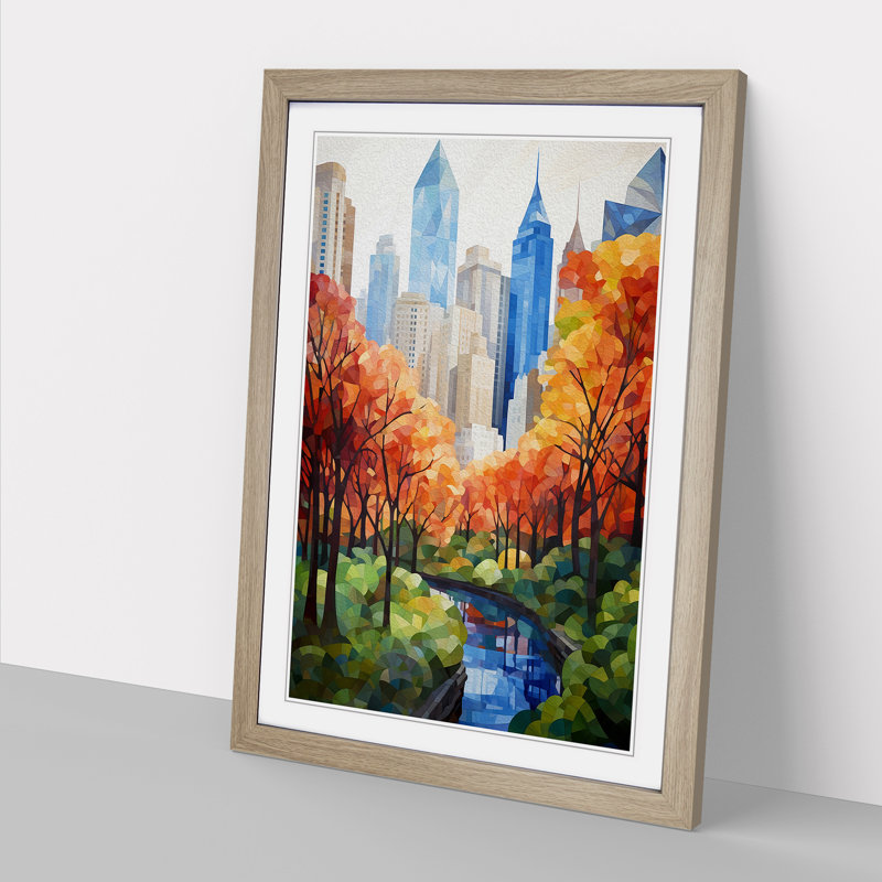 Central Park Geometric No.2 - Single Picture Frame Print on Wood, Oak Framed, 64cm H x 46cm W x 2cm D