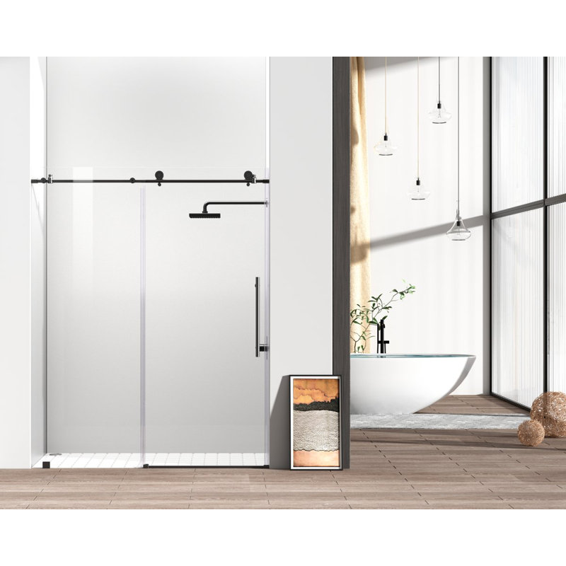 - W x 76'' H Single Added Door Frameless Shower Door with, Black