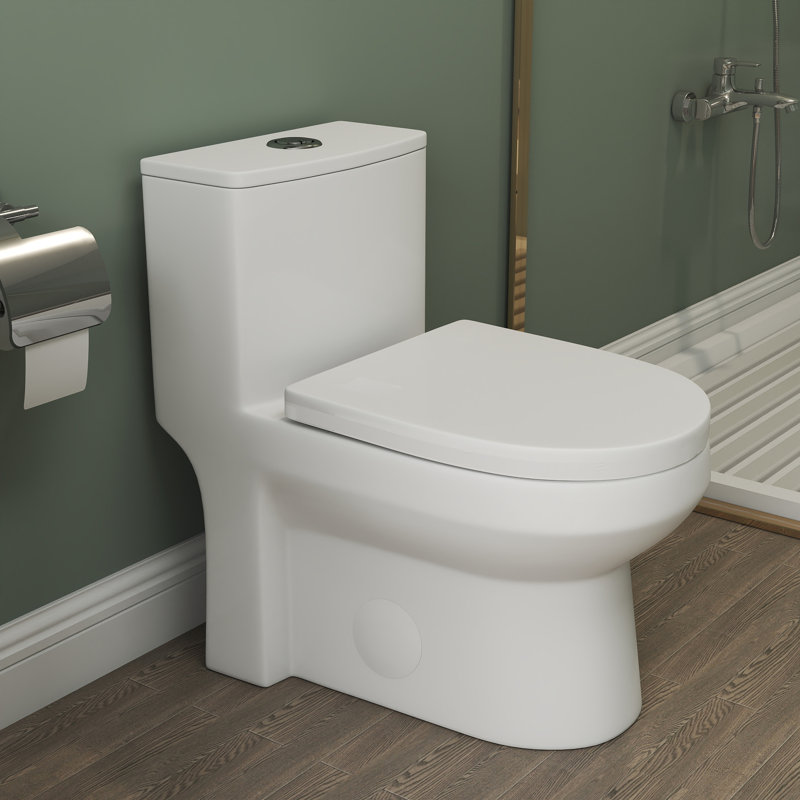 White Elongated One-Piece Toilet with Soft Close Seat, Comfort Height, Dual Flush 1.1/1.6 GPF Modern Bathroom Toilet, 12'' Rough-in