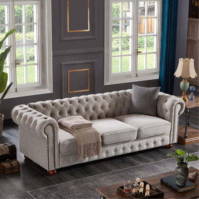 Lin en gris, base en bois massif et en métal, longueur de 88,5 po x l 37 po de largeur, 28 po de hauteur, coussin de siège confortable gris, fabrication stable, L 88,5 po x l 37 po H, coussin confortable