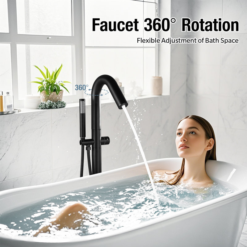 Free Standing Tub Faucet  Floor Mount Tub Filler Bathroom Faucet Single Handle with Hand Shower, Matte Black