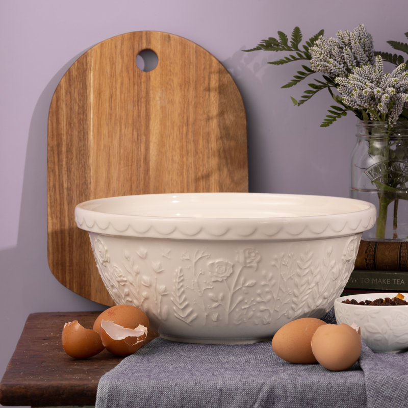 Cream Ceramic Rose Embossed Mixing Bowl, 4.25 Qt