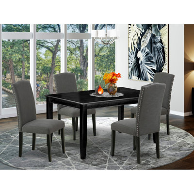 5 Piece Dining Room Furniture Set Includes a Rectangle Dining Table and 4 Dark Gotham Linen Fabric Upholstered Chairs, Black