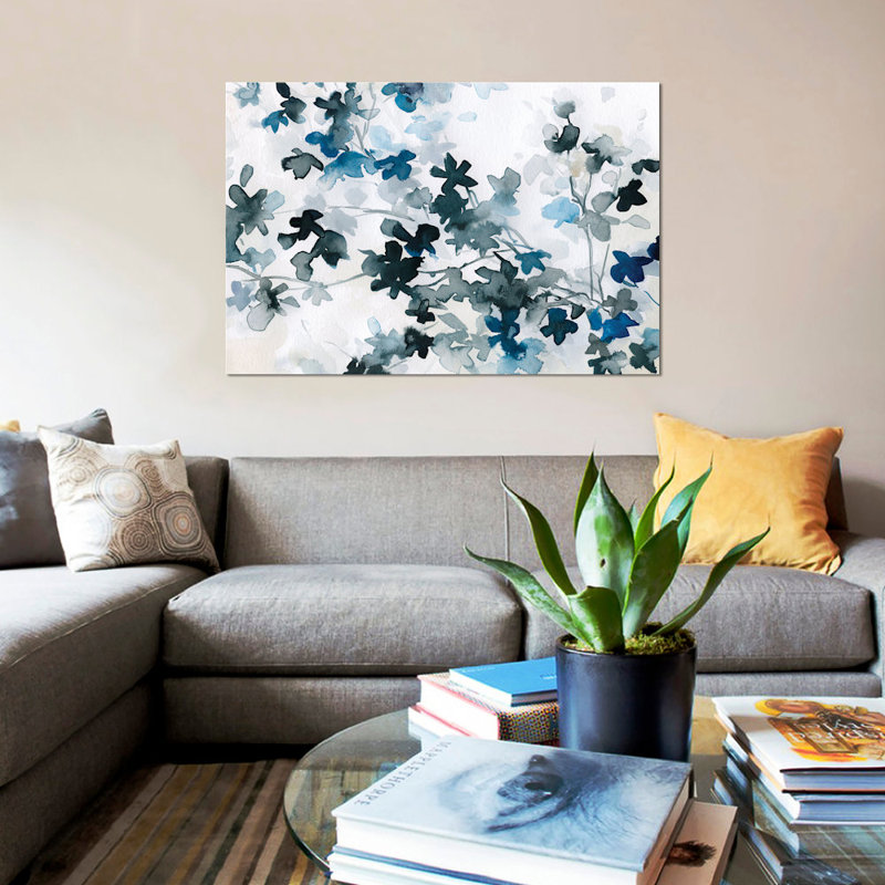 « blue cerise fleurs », impression sur toile, H 18 po x l 26 po x P 1,5 po, Toile avec cadre noir, Pas de tapis