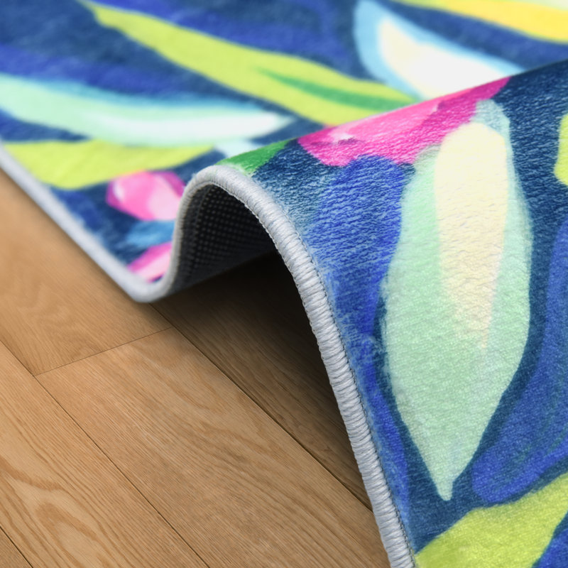 Tapis tissé à la main Blue Tropics I, tissé à la main, 100% polyester, velours de 2 mm, antidérapant.