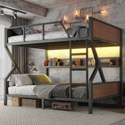 Space-Saving Metal Bunk Bed With Storage Shelves And Integrated Lights, Perfect For Compact Rooms And Quiet Sleep