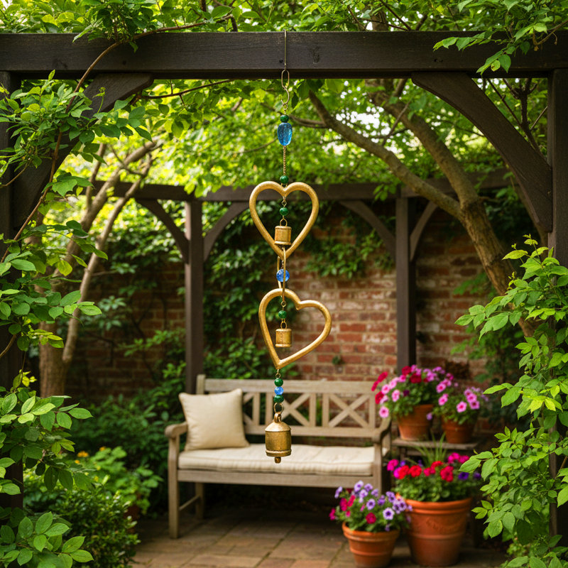 Carillons décoratifs en forme de cœur pour la cour extérieure - carillon de jardin suspendu abstrait avec cloche pour art de patio - 39 po, or et bleu