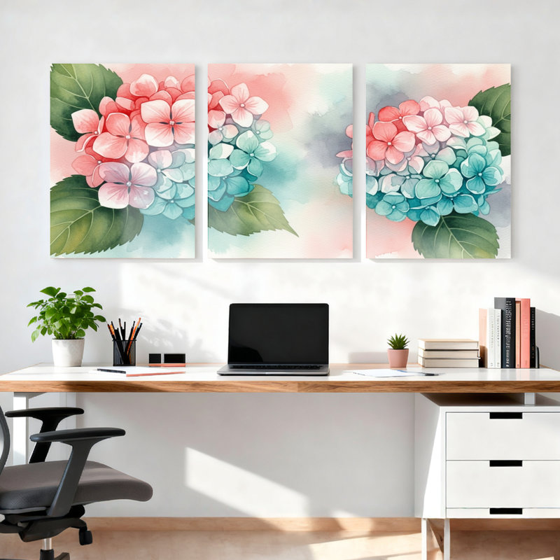 «Hydrangea», impression sur toile tendue à l'aquarelle sur toile, ensemble de 3, H 24 po x l 48 po
