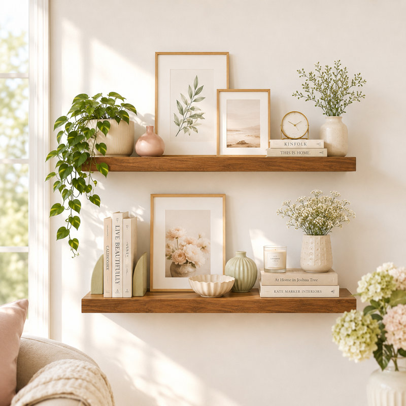 Set of 2 Acacia Wood Floating Shelves - Rustic Wall Storage with Mounting Brackets, 1.18" H x 24" W x 7" D, Brown