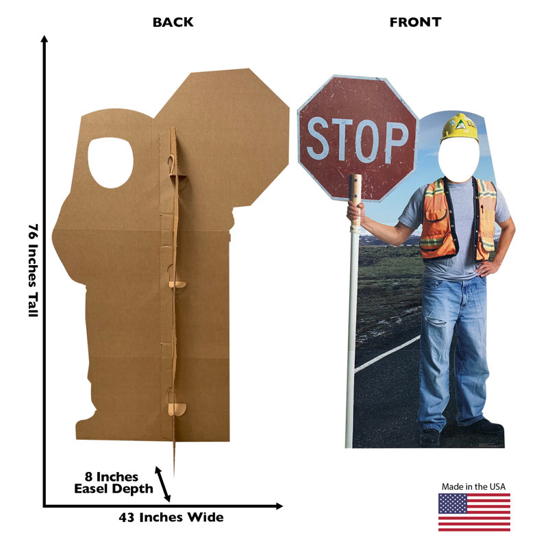 Life-Size Construction Worker Cardboard Stand-Up with Stop Sign