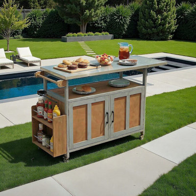 Îlot de cuisine extérieur pliable avec plateau en acier inoxydable, armoire de rangement et roues verrouillables