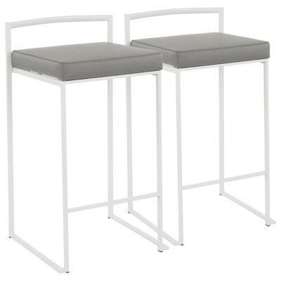 Tabouret de comptoir empilable Fuji en blanc avec coussin en similicuir gris par Lumisource - ensemble de 2