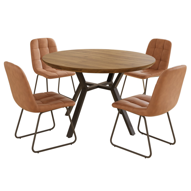 Clanton 43.2"-59.1" Extendable Round Dining Table Set, Mid Century Wooden Round Kitchen Table, Walnut Coffee Table For 4-6 Person,Pu Leather Chair
