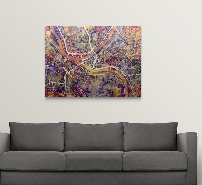 «Pittsburgh Pennsylvania Street Map» par Bellen, impression, H 18 po x l 24 po x P 1,5 po, Toile