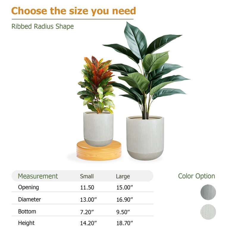 Kute Nest Indoor/Outdoor Small Ribbed Radius Fiberstone Planter, Frost Gray, 18.7" H x 16.9" W x 16.9" D