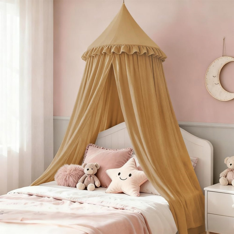 Bed Canopy With Ruffles, Round Dome 240Cm For Bedroom, Brown