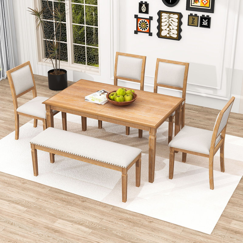 Ensemble de table de salle à manger 6 pièces, table extensible rétro avec rallonge amovible, chaises rembourrées et banc