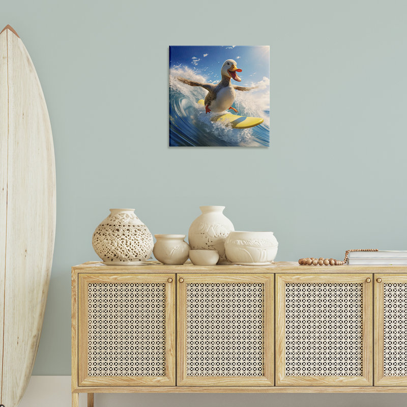 «Happy Surfing Duck», art mural sur toile par Jim Baldwin, H 36 po x l 36 po x P 1,5 po