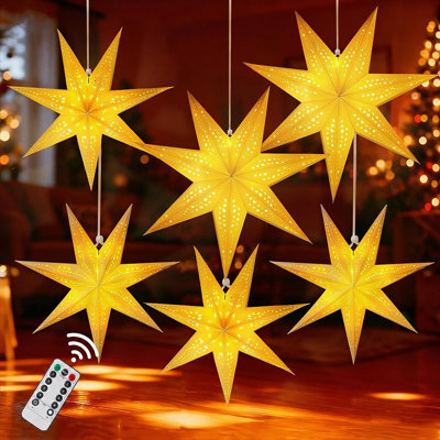 Lanternes en papier en forme d'étoile avec lumières, ensemble de 6, décorations de Noël à suspendre pour la décoration intérieure des fêtes, fenêtres, chambres, salons, fêtes et événements