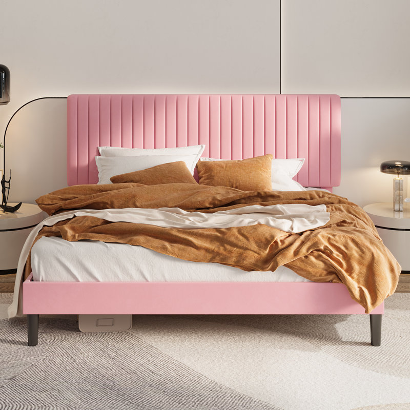 Velvet Upholstered Platform Bed With Adjustable Vertical Channel Tufted Headboard, King, Pink