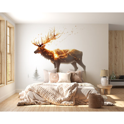 Glowing Stag Wall Decal – Fire Deer Wall Art, Mystical Forest Stag Wall Sticker, Bedroom Statement Decor 318Mv