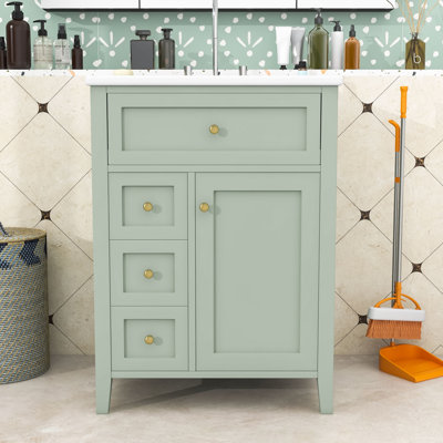 Meuble-lavabo en bois avec lavabo en céramique, tablette et quatre tiroirs