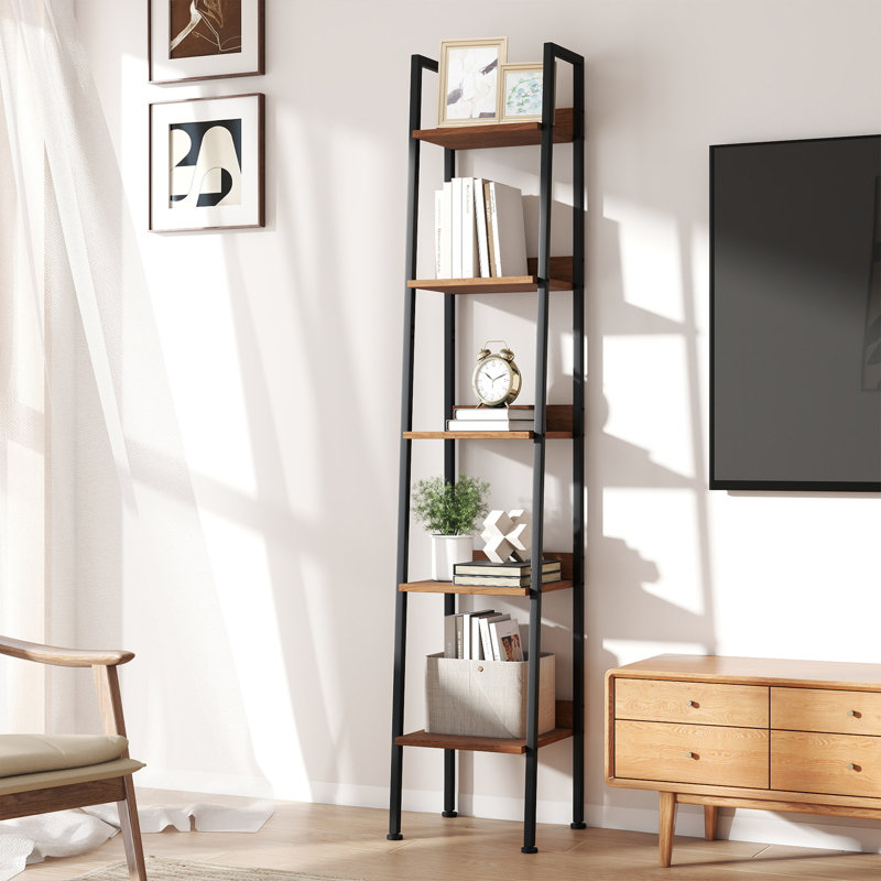 Ladder Bookcase, 5 Tier 13.5" Wide Steel Frame Storage Shelf, Anti-Tip, Brown