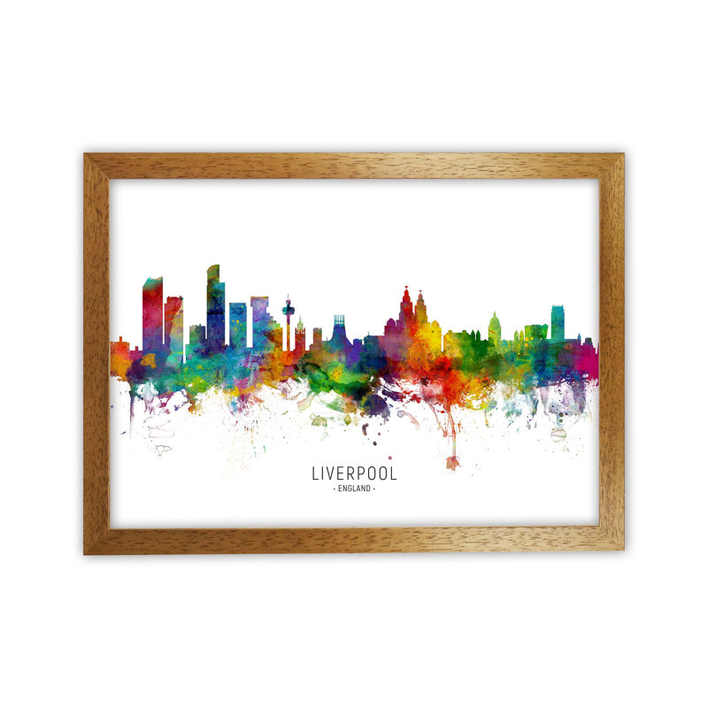 Liverpool England Skyline by Michael Tompsett - Print on Canvas, 25cm H x 34cm W x 3cm D, Brown Framed