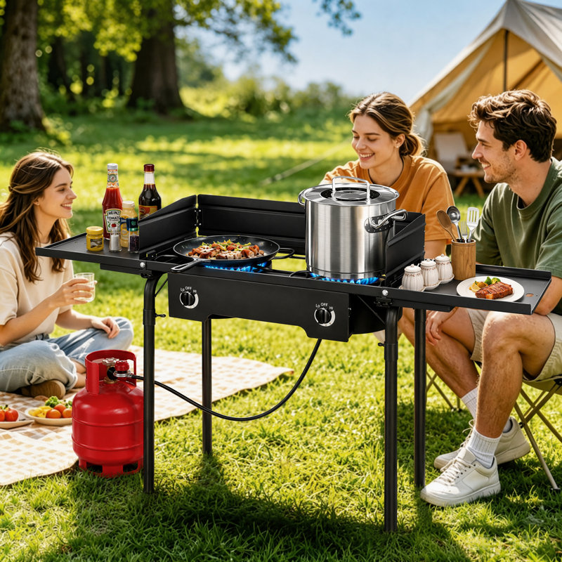 Réchaud de camping extérieur avec pare-brise et table d'appoint, Avec table d'appoint