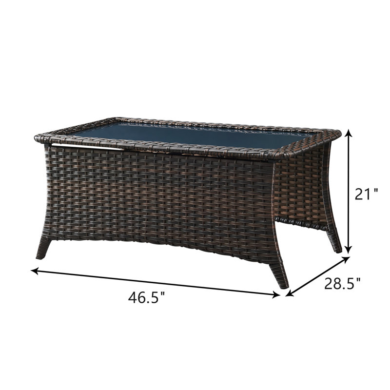 Outdoor Coffee Table with Tempered Glass Top, Wicker Patio Table, Ideal for Garden, Deck, and Yard, Brown