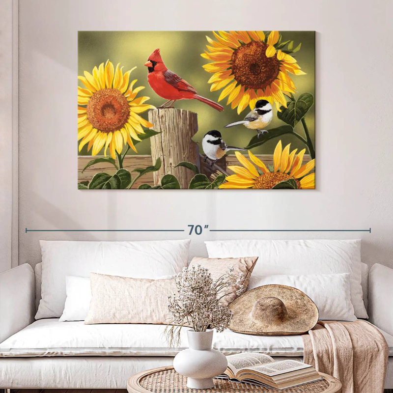 Tournesols Brampt et oiseaux chanteurs, H 32 po x l 48 po