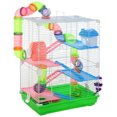 Pawhut 18" 5 Tier Hamster Cage With Tubes And Tunnels, Small Animal Cage With Portable Carry Handle, Rat Gerbil Cage With Water Bottle, Food Dish, Exercise Wheel